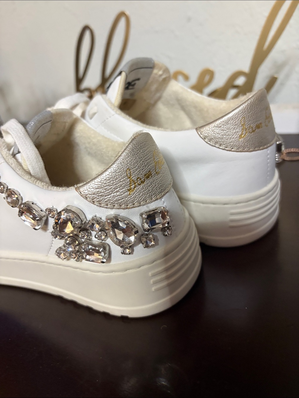Sam Edelman White Crystal-Embellished Low-Top Sneakers - Picture 4 of 10